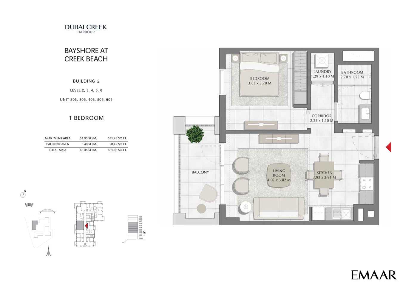 Building 2 - 1 Bedroom Level 2-3-4-5-6 Unit 205-305-405-505-605, Size 681 sq ft